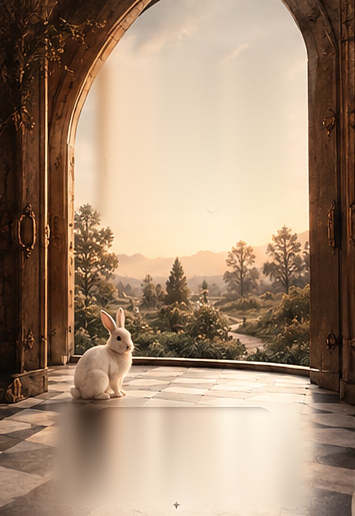 Un conejo blanco frente a una puerta abierta hacia un paisaje al atardecer