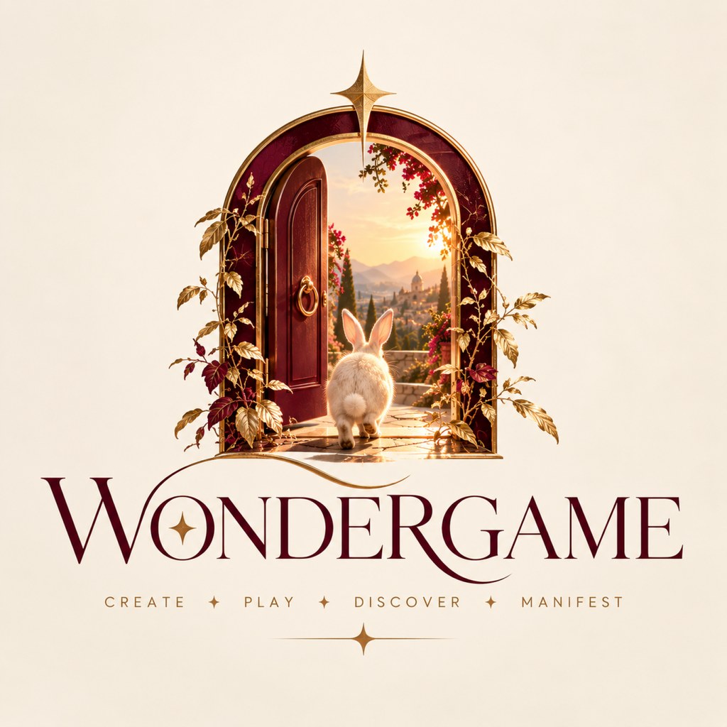 Wondergame: un conejo cruza una puerta de madera hacia un jardín dorado